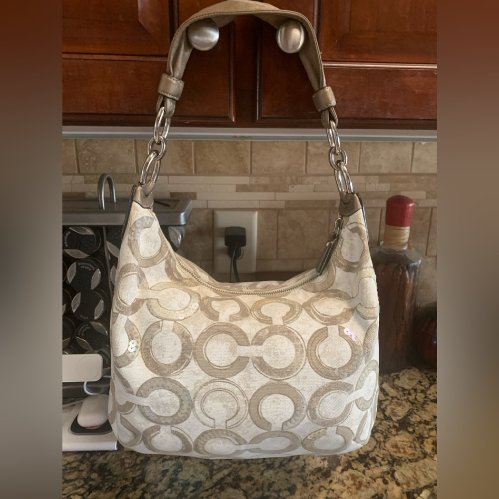 Coach Beige and Cream Double C Patterned Shoulder Bag - Picture 10 of 13